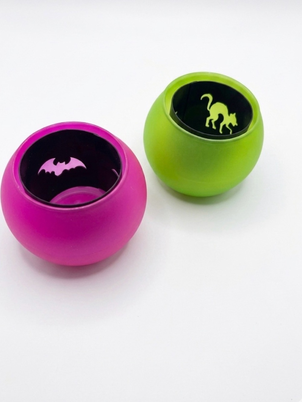 PartyLite Pink & Green Halloween Votive Holders with Bat and Cat Silhouettes